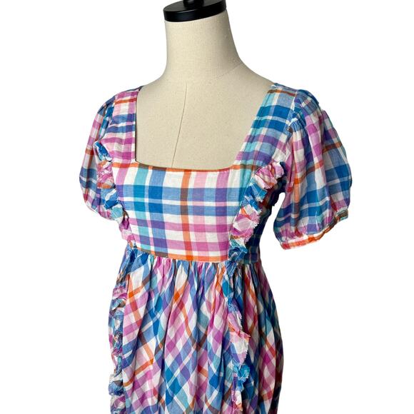 LoveShackFancy S Malibu Dream Plaid Kimball Midi Dress 100% Cotton Blue Pink - Picture 2 of 9